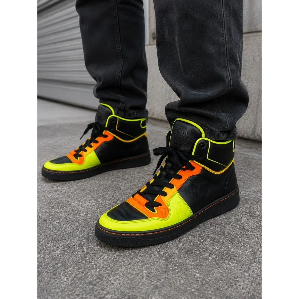 Gucci Coda High Top Sneakers Black Leather Neon Yellow Orange 386738 Mens 8.5G